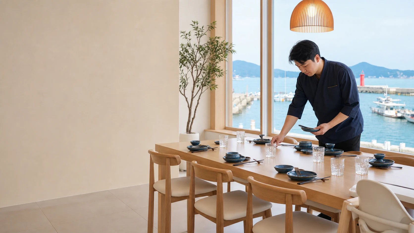 항구 창가 단체석을 준비하는 해담횟집 직원